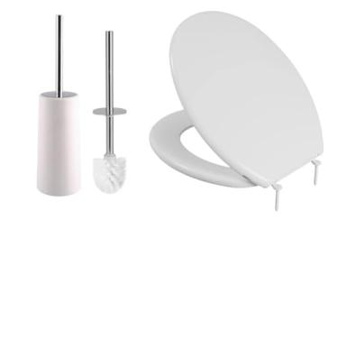 Imagem de Assento Vaso Sanitário Almofadado Slim Branco + Escova Sanitária Com Suporte Branco Base Redonda