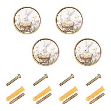 Imagem de Burbuja Puxadores de armário de cozinha com ovos de coelho com flores, pacote com 4, puxadores redondos de 3,5 cm, puxadores de cômoda com parafusos para armários de cozinha, quarto, armário