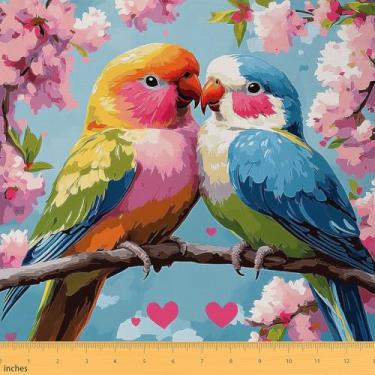 Imagem de Erosebridal Tecido de estofamento de papagaio para cadeiras de sofá, flores de cerejeira floral para uso interno e externo para costura acolchoada, padrão de flores de pássaro kawaii, estampa de casal
