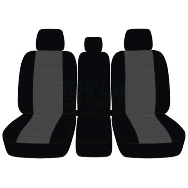 Imagem de Coberturas totalmente compatíveis com Ford F-150 2011-2014 Capas de assento de caminhão de dois tons (parte frontal 40/20/40 banco dividido) com 3 encostos de cabeça e console central de abertura/apoio de braço sólido: preto e carvão série F F150