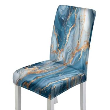 Imagem de LIZIMI Capas elásticas para cadeira moderna, abstrata, textura de pedra, dourada, azul, mármore, parson, protetor de assento para casa, cozinha, sala de jantar, festa, 2 peças