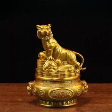 Imagem de FENNYYAR Estátua de latão da tigela do tesouro atraída da riqueza do tigre do zodíaco, 15 cm, ornamento de sala de estar em casa
