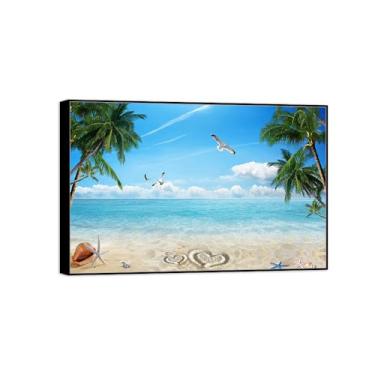 Imagem de Impressão em tela de paisagem de arte de parede com moldura preta - Pássaros de praia de palmeira - quadros de pintura de decoração para quarto 40 x 60 cm 16 x 24 pol