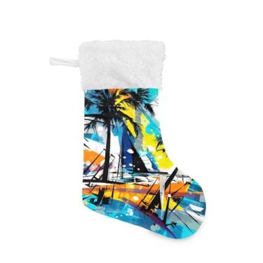 Imagem de ATTX Meias de Natal de palmeiras tropicais, suportes de presente brancos de pelúcia para decorações de festas de fim de ano (17,7 polegadas, 1 pacote) #167