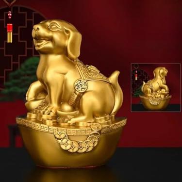 Imagem de FENNYYAR Estátua de cachorro animal do zodíaco de latão atraído pela riqueza, 14 cm, decoração de sala de estar para escritório em casa