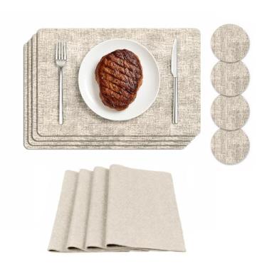 Imagem de Jogo americano reversível de couro sintético, conjunto de 8 peças (inclui 4 porta-copos) tapetes de mesa à prova d'água, resistentes a óleo e à prova de calor, ecológicos, elegantes e fáceis de limpar