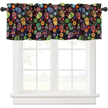 Imagem de SHElifestyle Dia De Los Muertos Cortina Valance Rústica Cinco De Mayo Açúcares Mexicanos Caveiras Dia dos Mortos Altar Janela Sanefas para Casa Quarto Sala Cozinha 137 x 45 cm