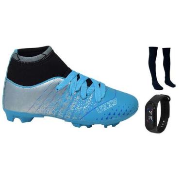 Imagem de Chuteira Infantil Campo Botinha Cano Alto Gramado Travas +  Meião + Re