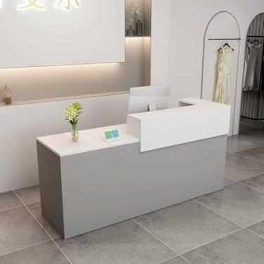 Imagem de Balcão De Recepção De Caixa Em Forma De L De Madeira, Balcão De Varejo Moderno Simples Para Checkout, Loja De Varejo De Salão Com Gaveta Trancável E Bandeja De Te, Gray Left Corner, 47.2 inch