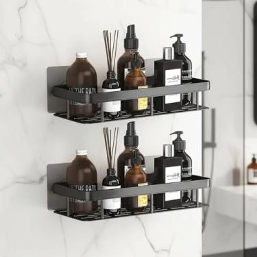 Imagem de Kit 2 Prateleiras Preto Adesiva Sem Furo Para Banheiro Cozinha Organizador Parede Suporte Porta Shampoo Sabonete Nicho Decorativo Sem Furadeira Instalação Fácil