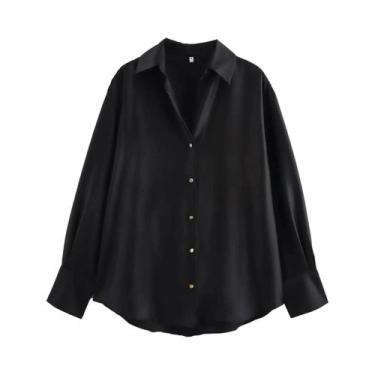 Imagem de Blusa De Seda Marrom Com Manga Longa E Gola Lapela Para Mulheres, Cami