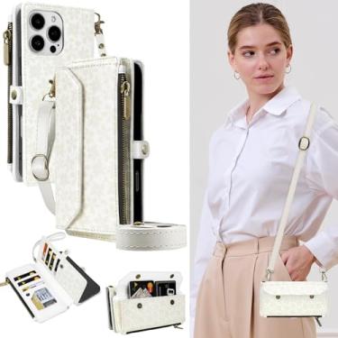 Imagem de BayPastel X Capa tipo carteira transversal para iPhone 16 Pro Max com suporte para cartão de pressão magnética de couro para mulheres com bloqueio de RFID, bolsa protetora de couro com alça de ombro