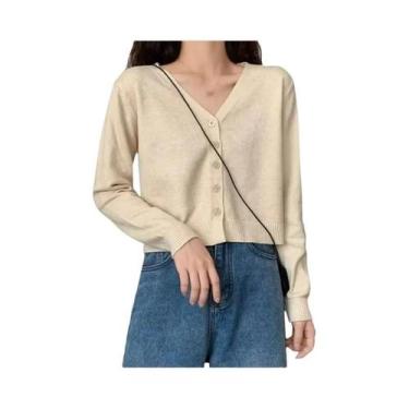 Imagem de Cardigan Feminino De Manga Longa Com Decote Em V, Cropped, Botões, Tri