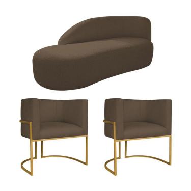 Imagem de Kit Divã Luna 140cm Lado Esquerdo E 02 Poltronas Base De Ferro Dourado Suede Marrom