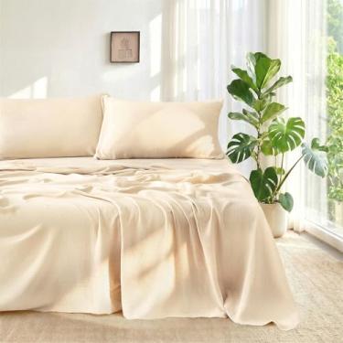 Imagem de LUTBM Jogo de lençol solteiro de algodão, gaze, 3 peças, bege, 40,6 cm, lençol com bolso profundo e fronha, boêmio, musselina, para todas as estações