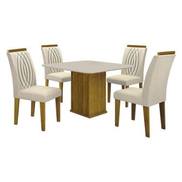 Imagem de Mesa De Jantar Napoli 90x90 Freijó Decor Off White Com 4 Cadeiras Doha Mdf Freijó Joli Palha – Leifer Móveis