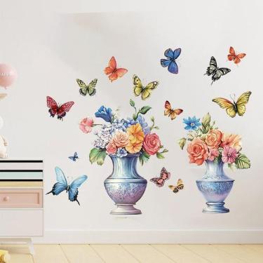 Imagem de Adesivo de parede Vaso de flores vintage com pega e borboletas - yiwei