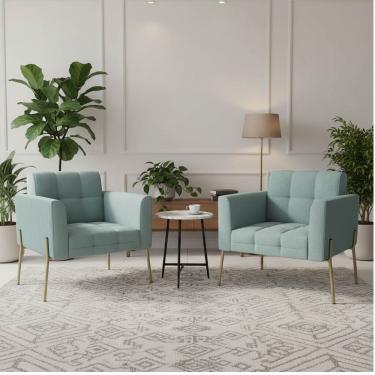 Imagem de Poltrona Sala Decorativa Kit 2 Elisa Pé Aço Lateral Dourado Cotelê Ext/Veludo Menta D03 - D'Rossi