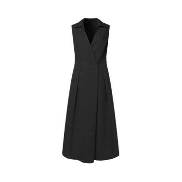 Imagem de Vestido Midi Feminino Sem Mangas Com Decote Em V ZANZEA Elegante Liso 