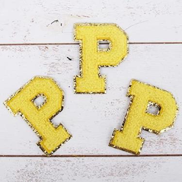 Imagem de Pacote com 3 adesivos universitários de chenille para passar a ferro - tecido de chenille amarelo com acabamento dourado - Costurar ou passar a ferro - 8 cm de altura