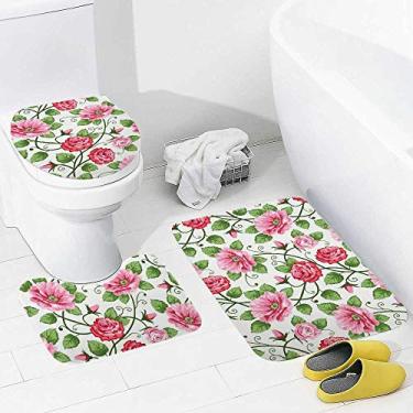 Imagem de Conjunto de tapetes de banheiro e 3 peças rosas rosas verdes, tapete de banheiro de espuma viscoelástica, lavável, antiderrapante, tapete e tampa para banheiro