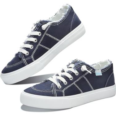 Imagem de Obtaom Tênis feminino Play Fashion branco lavado e lona leopardo sem cadarço, Azul marino, 38