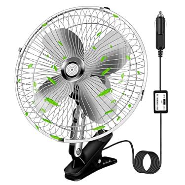 Imagem de ROTATABLE Ventilador de isqueiro prata de 25 cm, ventilador de carrinho de golfe de ajuste de duas velocidades, ventilador de caminhão de rotação de 360 graus, design de clipe de ventilador de 12 volts, perfeito para carros, caminhões, trailers e mais