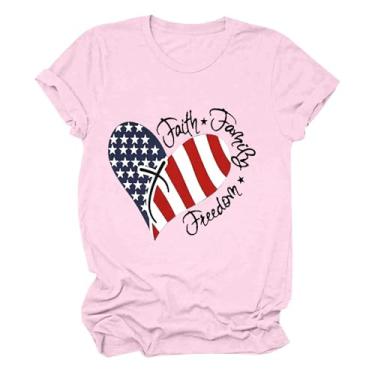 Imagem de Camiseta feminina 4 de julho, camiseta estampada com bandeira dos EUA, manga curta, gola redonda, túnica do Dia da Independência, rosa, G
