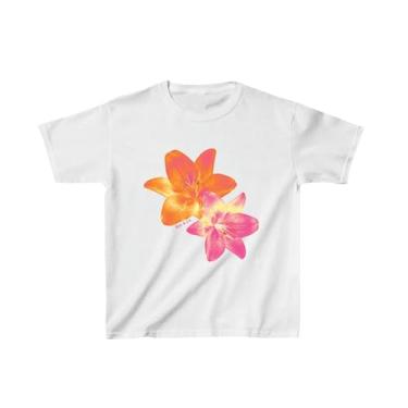 Imagem de Y2K Baby Tees for Women Cute Graphic Printed Crop Top Camiseta Star/Floral Manga Curta Gola Redonda Solta, Laranja floral, GG