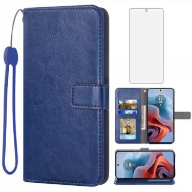 Imagem de Asuwish Compatível com Motorola Moto G34 5G: Capa Carteira Protetora de Tela de Vidro Temperado e Capa Flip de Couro com Suporte e Acessórios para Moto G34 - Azul