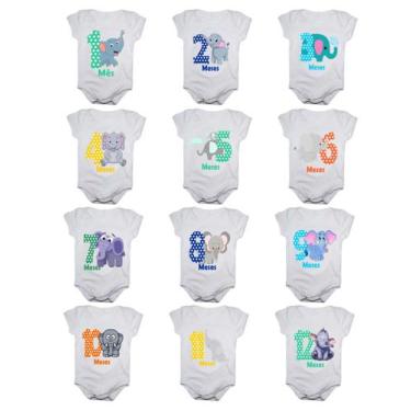 Imagem de Kit 12 bodies mesversario elefantinhos body de bebê - Calupa, Único