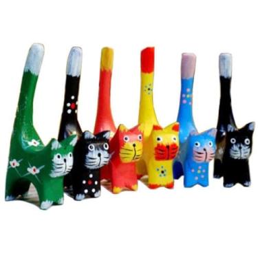 Imagem de Conjunto de 6 estatuetas de gato de gato de cauda longa esculpidas decorativas de gato de madeira escultura de estátua de gatinha de gato de 10,8 cm de altura, coleção de estatuetas de gato de animal para amantes de gatos, meninas