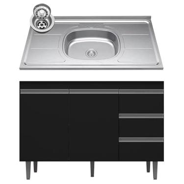 Imagem de Balcão De Cozinha Com Pia Inox 100cm 3 Gavetas Andréia Preto - Ajl Móveis