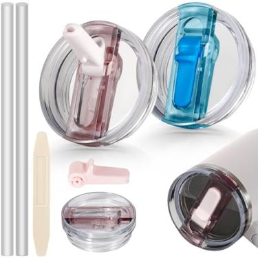 Imagem de ANTAND Tampa de canudo dobrável de 396 g para acessórios Stanley Cup, pacote com 2 tampas à prova de vazamento para copos Stanley de 400 ml, substituição removível sem derramamento (quartzo rosa, azul