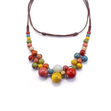 Imagem de RUIFUU Colar de contas de cerâmica para mulheres, colares de contas boêmios coloridos Y2K hippie redondo colar de fio de contas modernas joias femininas