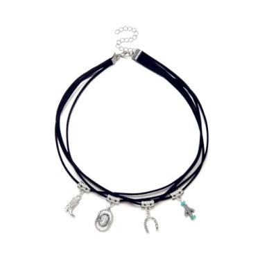 Imagem de colobublie Chapéu de bota de caubói, gargantilha de couro, colar, estilo ocidental, boêmio, em camadas, prata, botas do Texas, chapéus, sapato de cavalo, turquesa, cacto, colar com pingente de flor