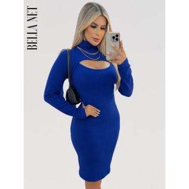 Imagem de Vestido Feminino Manga Longa Gola Alta Decote Elegante Anarruga Premiu