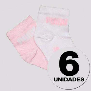Imagem de Kit Meia Puma Cano Médio 6 Pares Infantil Branca e Rosa, 21-24