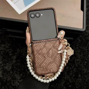 Imagem de Capa para Galaxy Z Flip5 com estampa de cobra, capa de couro sintético com pingente de flor e pulseira (para Galaxy Z Flip5/marrom)