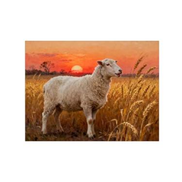 Imagem de Quadro parede outono-sol campo trigo ovelhas Impressões em tela paisagens-Pintura animais para sala estar decoração fazenda 60x80cm Sem Moldura
