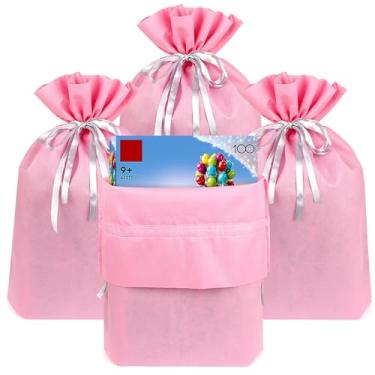 Imagem de Linkidea Pacote com 4 sacos de presente reutilizáveis não tecidos com cordão, bolsa de presente compatível com LEGO, serve para aniversário, Natal e festa (rosa)