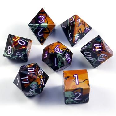Imagem de Skull Dice Set 7-Piece - Black and Orange Halloween Theme Polyhedral Dice with Purple Numbers for DND RPG Tabletop Gaming