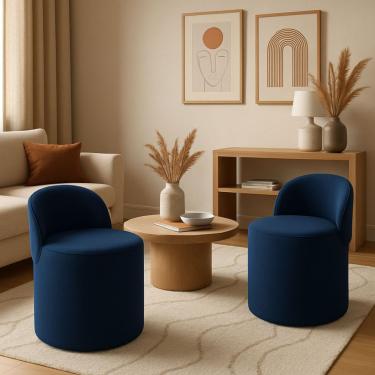 Imagem de Kit 2 Puff Encosto Suede Redondo Sala Banco Orgânico Quarto Azul Marinho