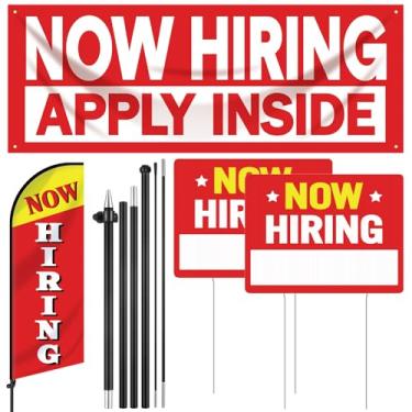 Imagem de Kritkin Conjunto de 4 peças de bandeiras de penas inclui 2 placas de contratação agora com estaca, bandeira publicitária de penas de 2,12 m, faixa com corda para promoção de negócios