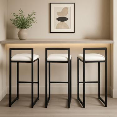 Imagem de Kit 3 Banquetas Corino Ferro Cozinha Balcão Alta Bistro Branco