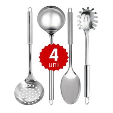 Imagem de Kit 4 Utensílios de Cozinha em Inox Concha Colher Pegador Escumadeira 
