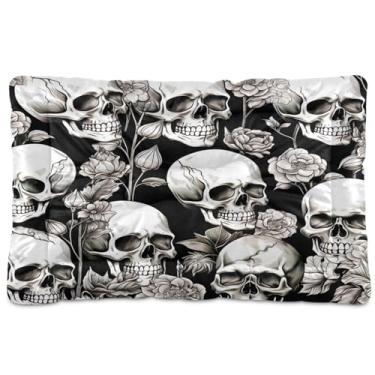 Imagem de Wassud Cama de cachorro com corações desenhados à mão com crânio branco rosa tapete de cama para cachorro grande tapete lavável para animais de estimação cama de gato para dormir viagens 45,7 cm x 61