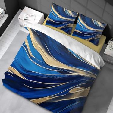 Imagem de Conjunto de capa de edredom de mármore azul e dourado King Size 2 fronhas macias e confortáveis para decoração de quarto 200 x 200 cm -80 x 80 cm * 2