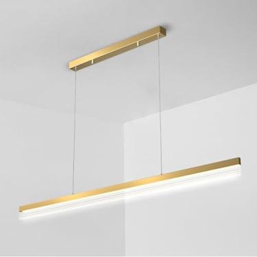 Imagem de Luminária pendente longa dourada, luminária suspensa linear de metal com cúpula guia de luz em acrílico, lustre ultrafino para escritório, luminárias suspensas para restaurante, luminárias p