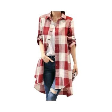 Imagem de Camisa Feminina Xadrez De Manga Longa, Blusa Casual Chic Em Linho E Al